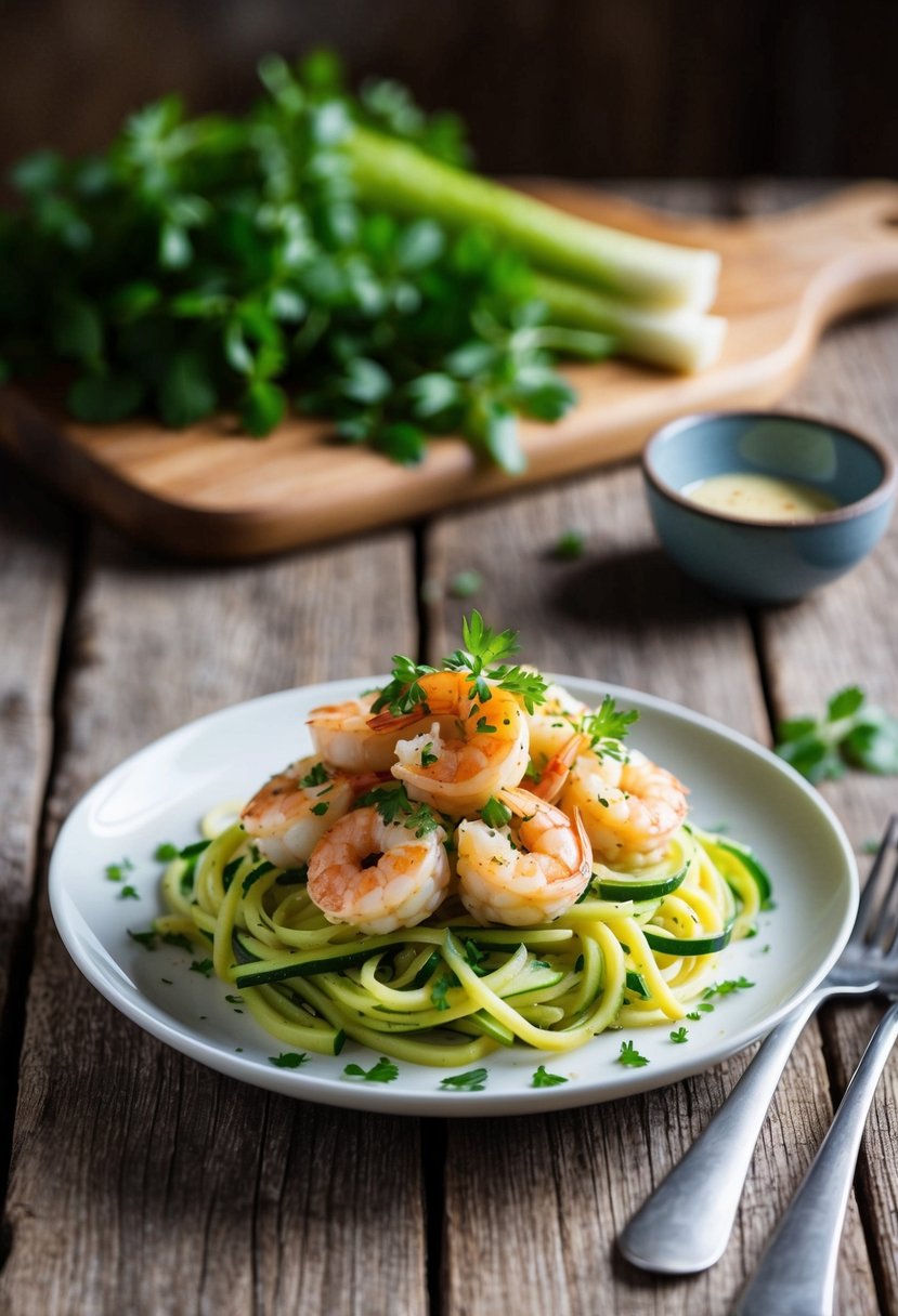 A plate of Shrimp Florentine with zucchini noodles, garnished with fresh herbs, sits on a rustic wooden table