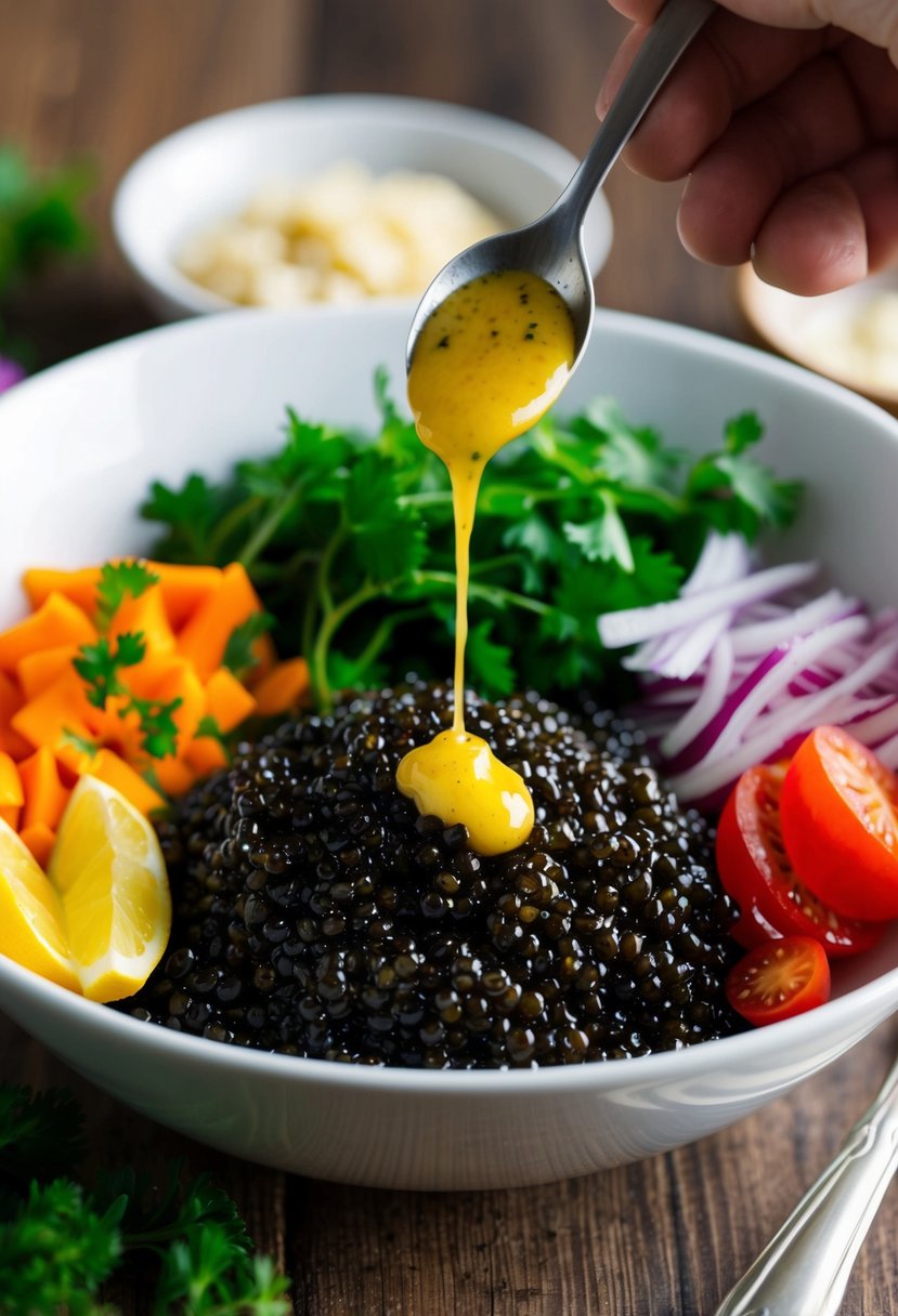 A bowl of Texas Caviar surrounded by colorful ingredients and a drizzle of dressing