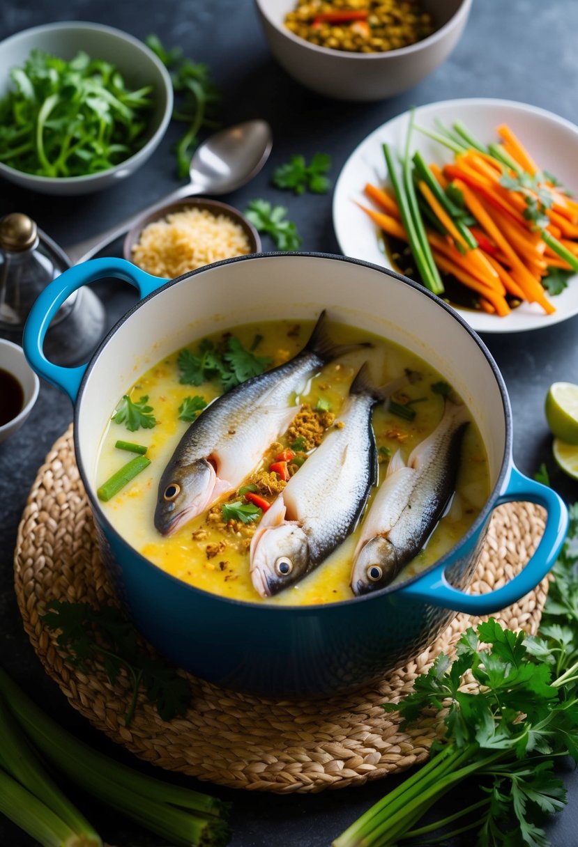 A pot of coconut milk simmering with Thai spices, fish fillets gently poaching, surrounded by vibrant vegetables and herbs