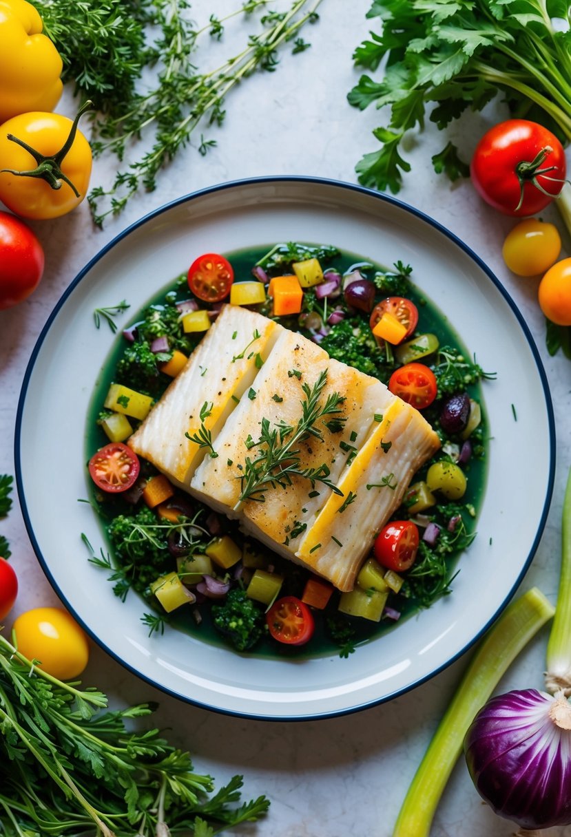 A plate of baked cod with Mediterranean herbs and vegetables, surrounded by colorful low-carb ingredients