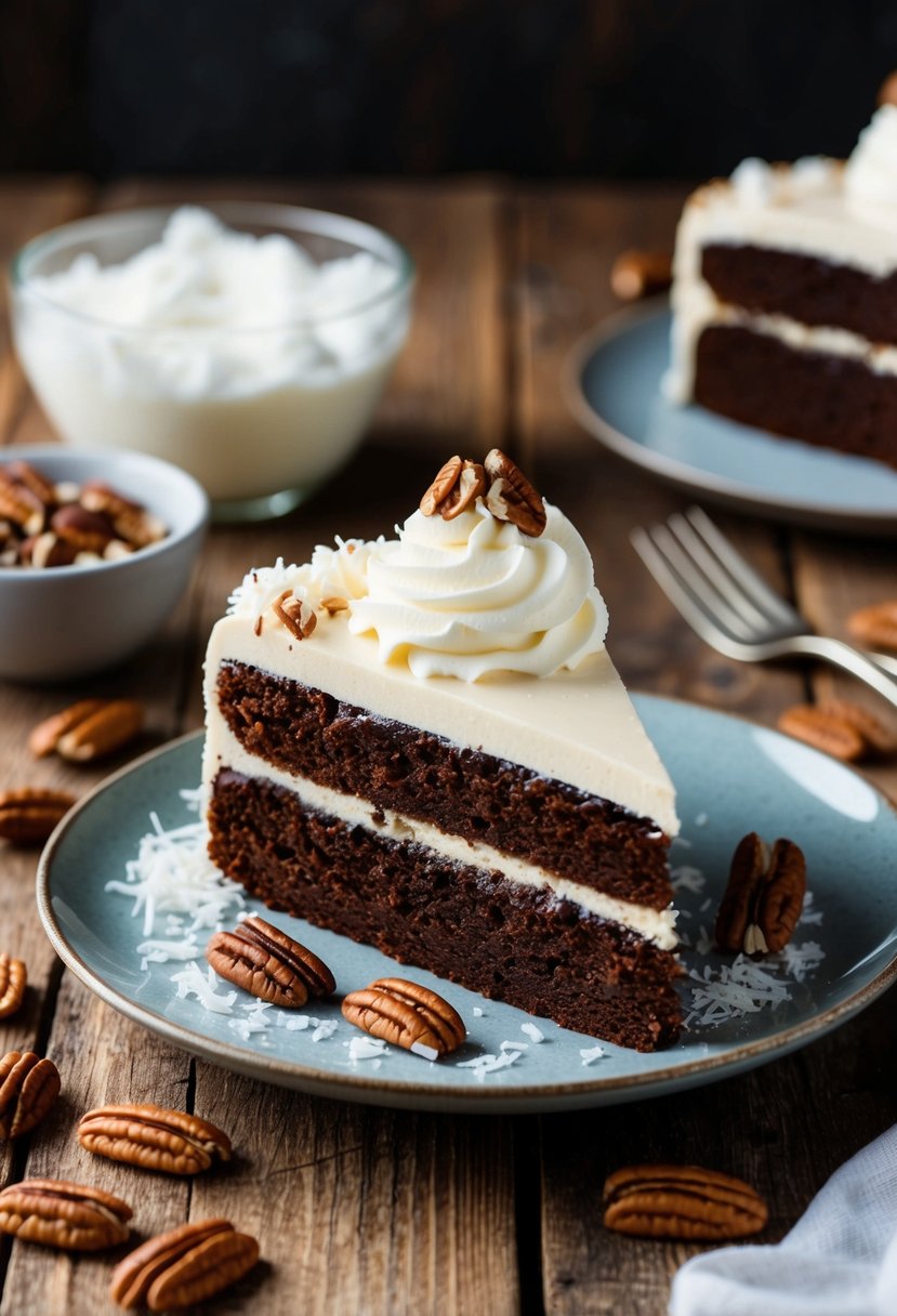 A slice of German Chocolate Cake on a rustic wooden table, surrounded by pecans, coconut, and a dollop of whipped cream