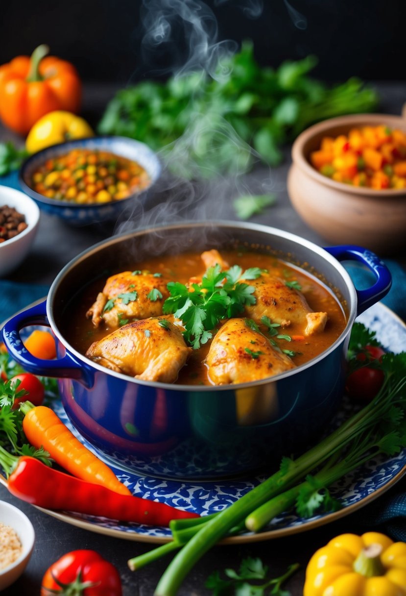 A steaming pot of Moroccan Chicken Stew surrounded by colorful vegetables and aromatic spices