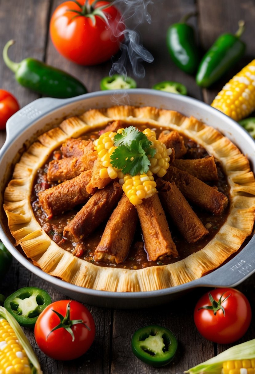 A steaming hot tamale pie topped with crispy carnitas, surrounded by colorful Texas-themed ingredients like jalapeños, corn, and tomatoes