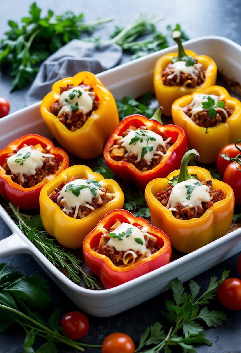 A baking dish with halved bell peppers filled with lasagna ingredients, surrounded by fresh herbs and cherry tomatoes