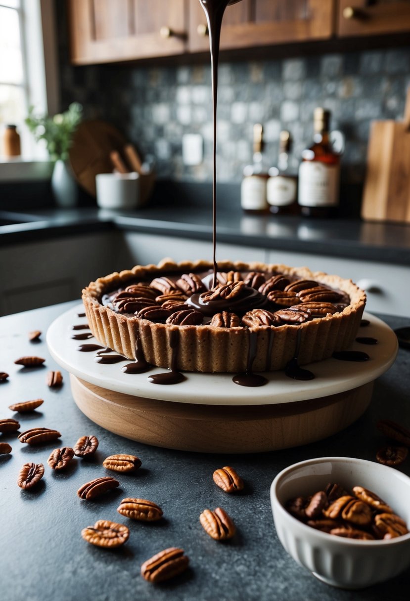 A rustic kitchen counter displays a decadent Chocolate-Bourbon Pecan Tart surrounded by scattered pecans and a drizzle of chocolate sauce