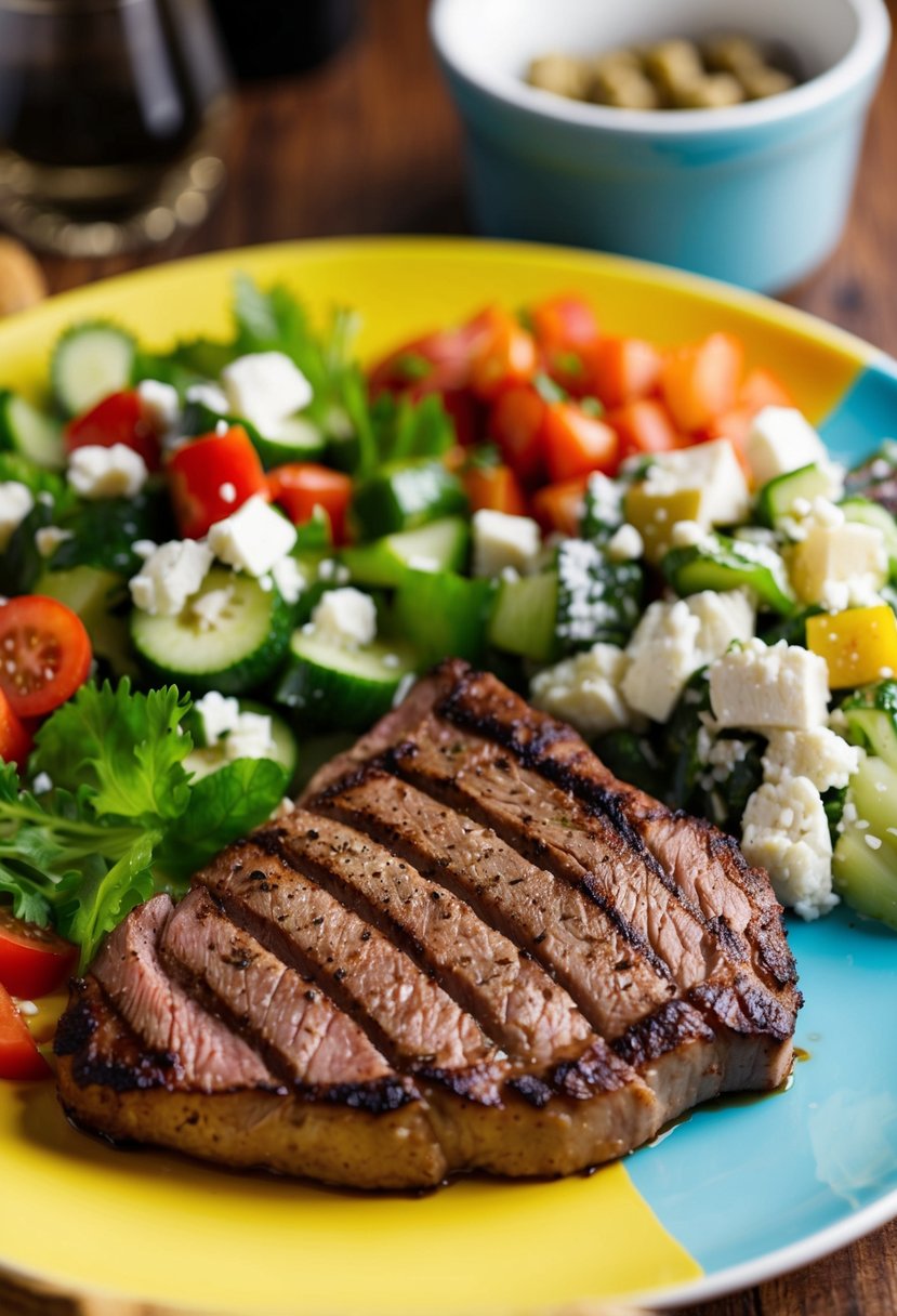 A colorful plate with grilled flank steak, mixed vegetables, and a side of Greek salad, all arranged in an appetizing and low-carb presentation