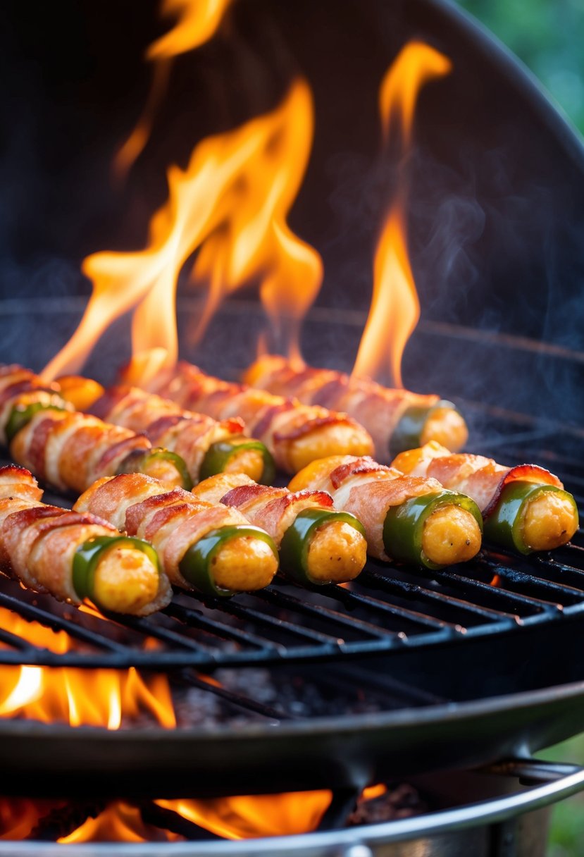 A sizzling grill with jalapeño-stuffed, bacon-wrapped Texas Twinkies cooking over the flames