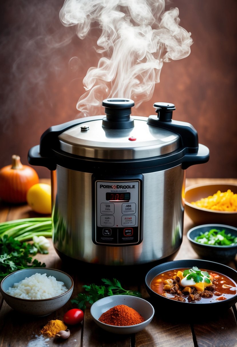 A steaming pressure cooker surrounded by ingredients for pork posole