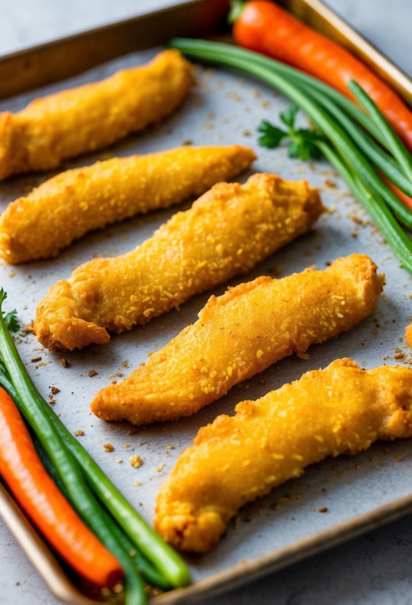 Golden chicken tenders on a baking sheet surrounded by colorful low-carb vegetables