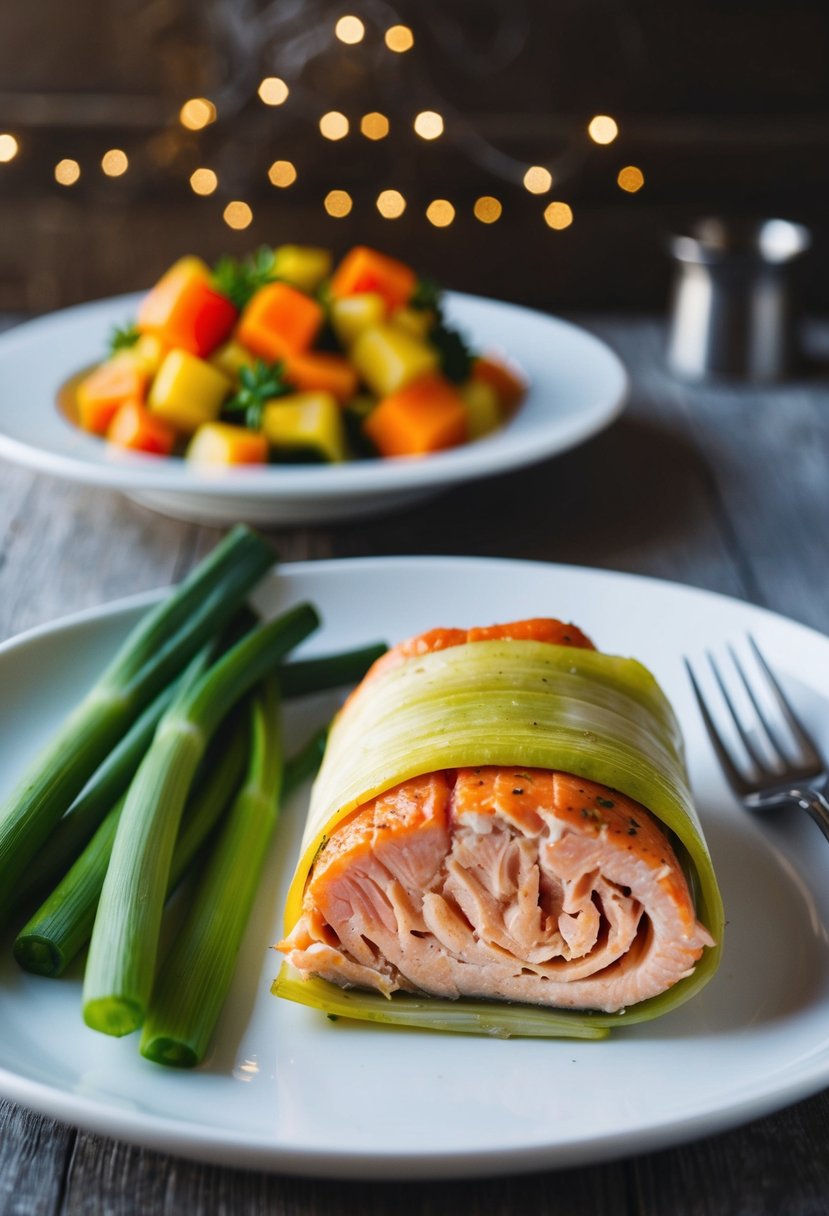 A piece of baked salmon wrapped in leeks on a plate with a side of vegetables