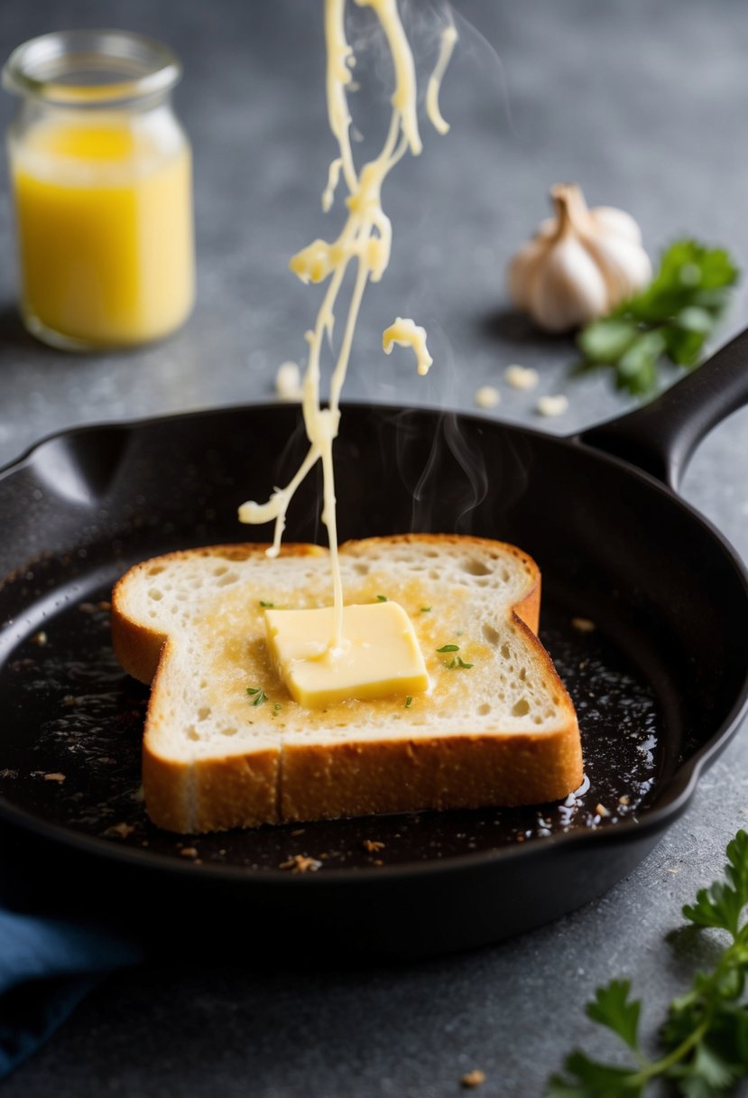 A slice of Texas Toast Garlic Bread being toasted in a sizzling hot skillet. Butter melting and garlic aroma wafting through the air