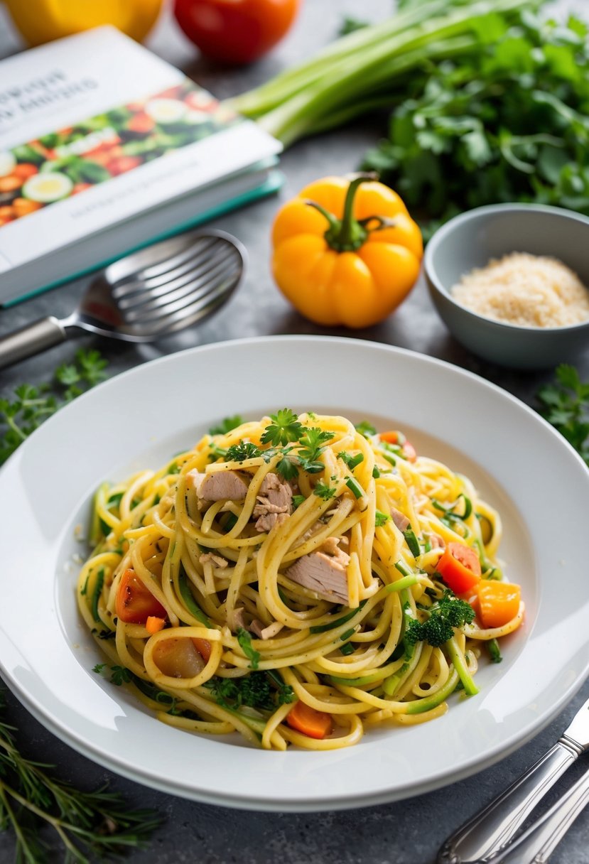 A plate of turkey spaghetti zoodles with colorful vegetables and herbs, surrounded by kitchen utensils and a low carb recipe book