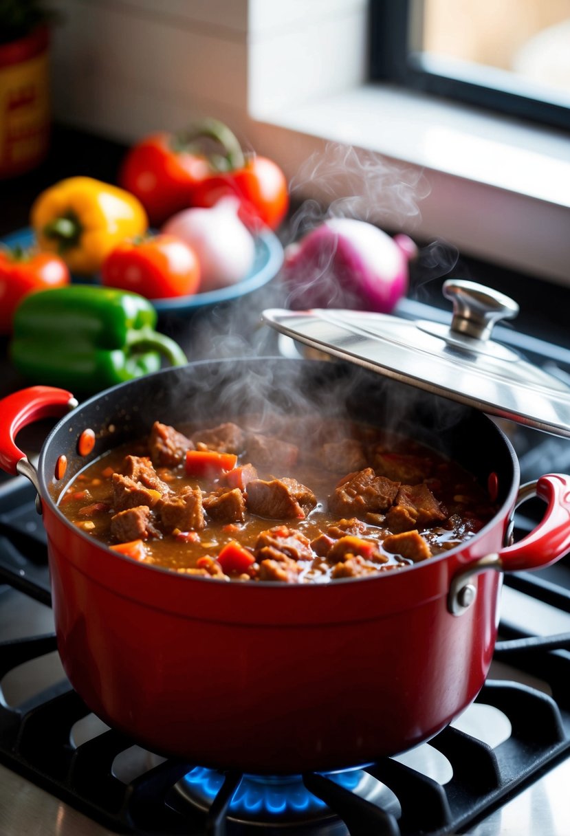 A steaming pot of Carne Guisada simmers on a stovetop, surrounded by colorful ingredients like tomatoes, onions, and peppers