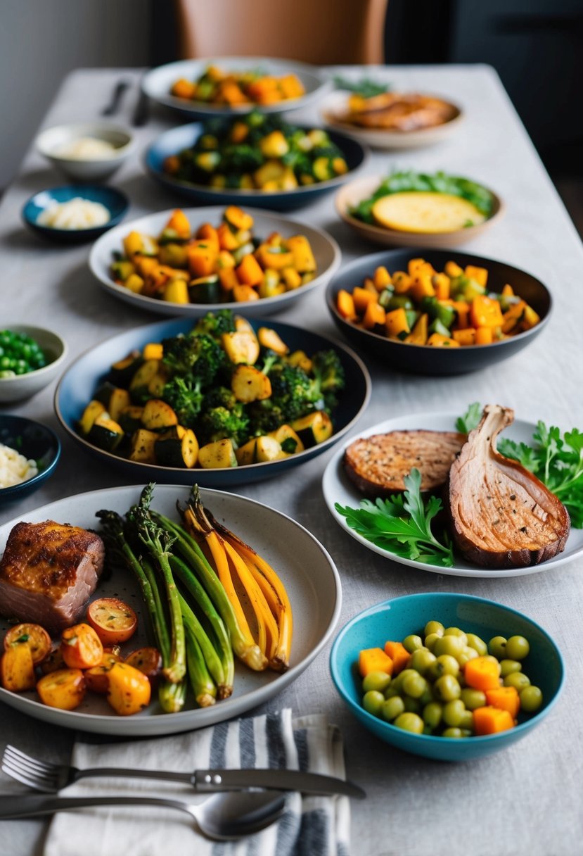 A table set with a variety of roasted vegetables and low-carb dinner options, including roasted meats and colorful side dishes