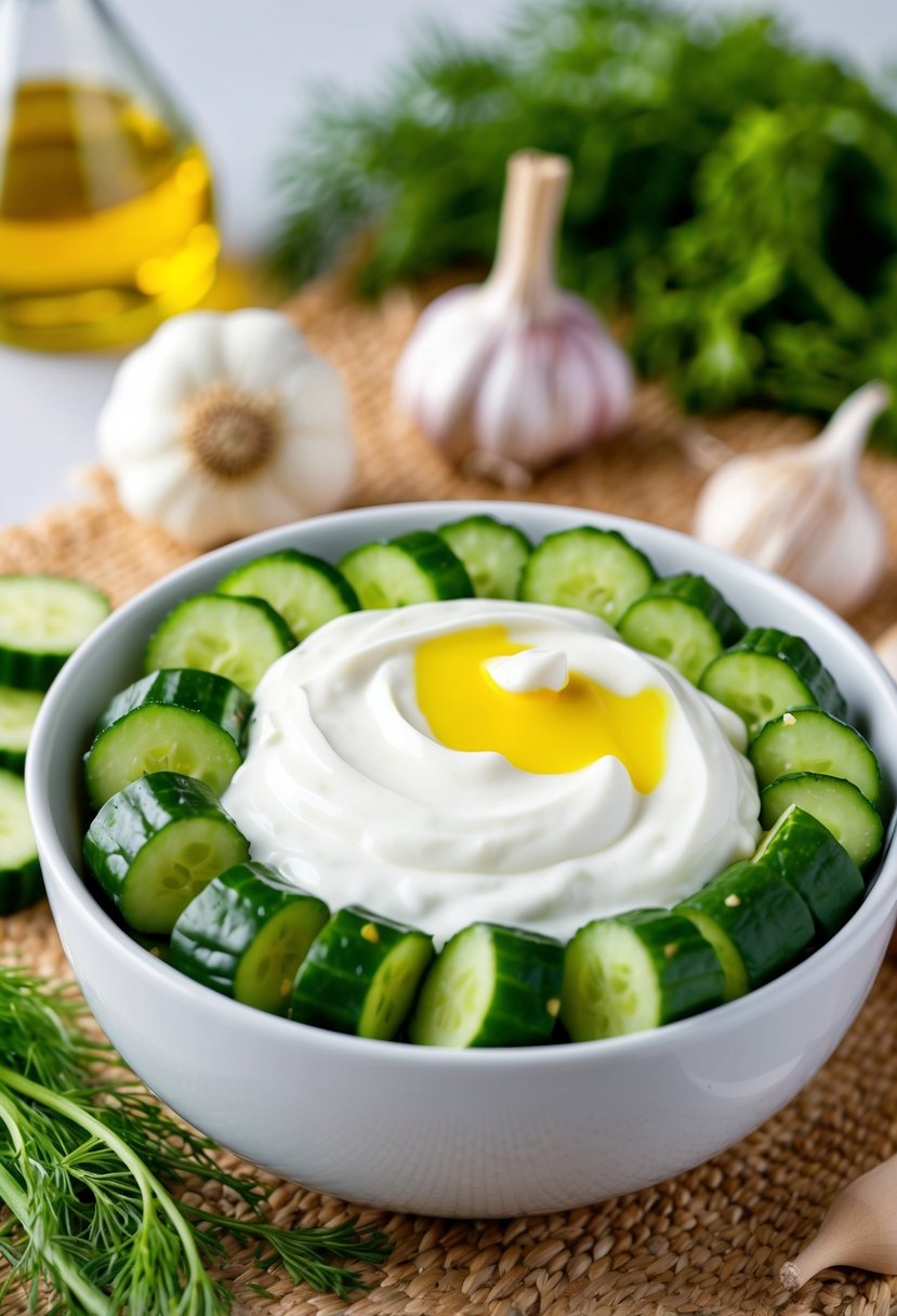 A bowl of tzatziki surrounded by freshly chopped cucumbers, garlic, and dill, with a dollop of yogurt and a drizzle of olive oil