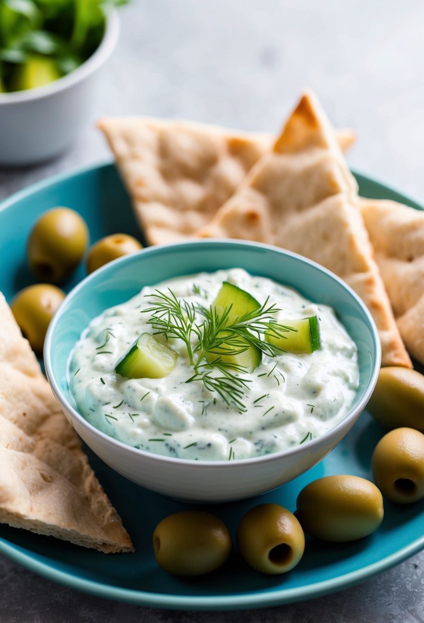 A bowl of creamy tzatziki with diced cucumber and fresh dill, surrounded by pita bread and olives