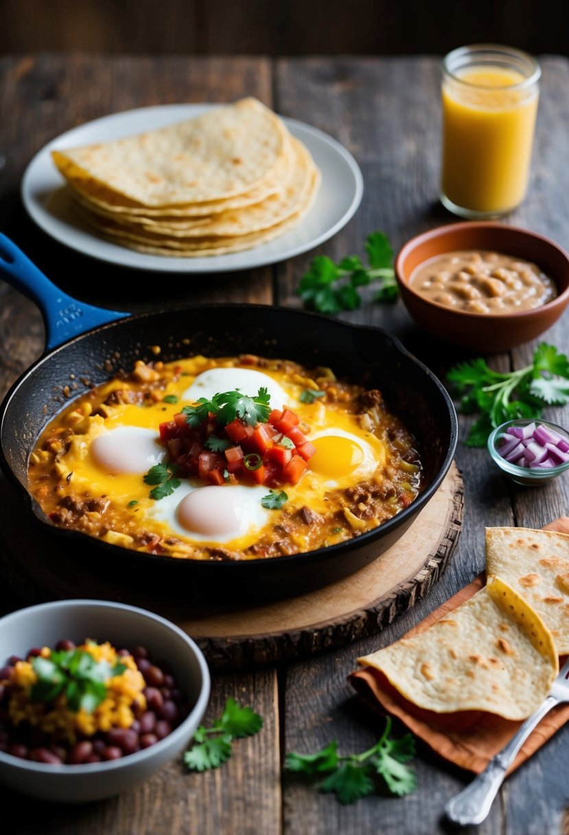 A sizzling skillet of huevos rancheros with spicy salsa, crispy tortillas, and a side of refried beans on a rustic Texan breakfast table