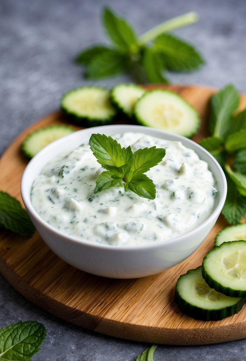 A bowl of creamy tzatziki surrounded by fresh mint leaves and cucumber slices on a wooden cutting board