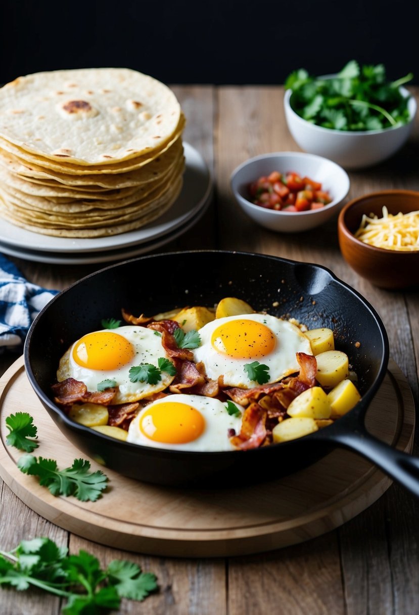 A skillet sizzles with eggs, bacon, and potatoes, while a stack of warm tortillas waits nearby. Salsa, cheese, and cilantro add the finishing touches