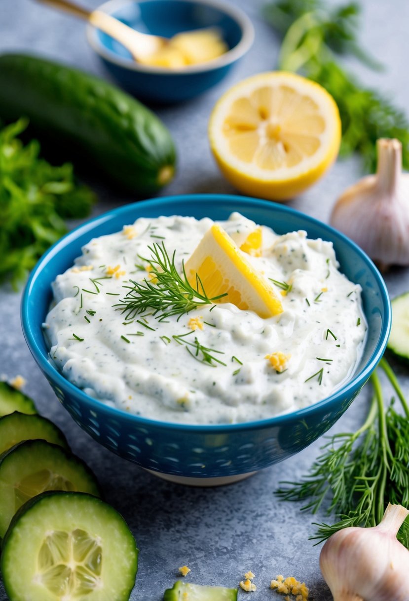 A bowl of Tzatziki with lemon zest, surrounded by fresh ingredients like cucumbers, dill, and garlic