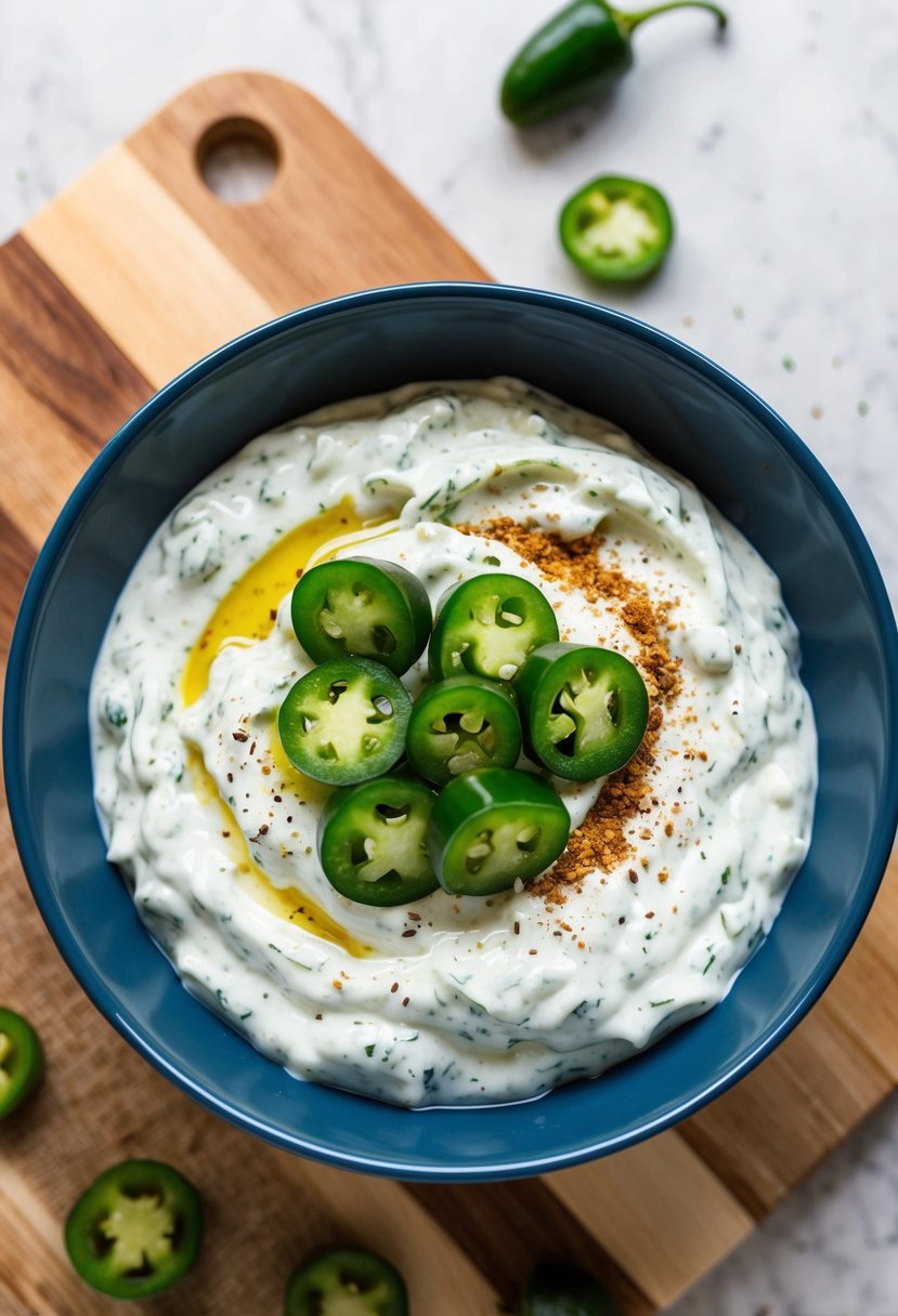 A bowl of creamy tzatziki with diced jalapeños and a sprinkle of spices