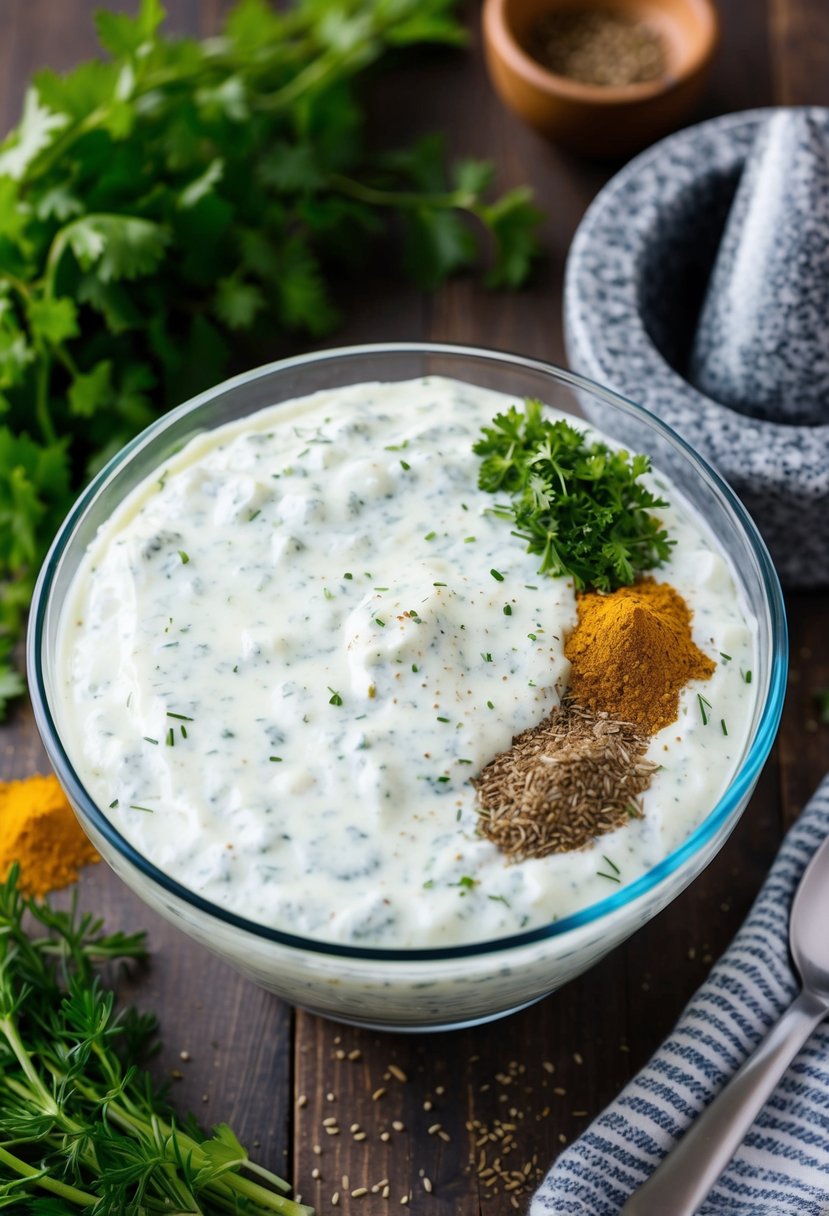 A glass bowl filled with creamy tzatziki, surrounded by fresh herbs and spices, with a mortar and pestle nearby for crushing the herbs