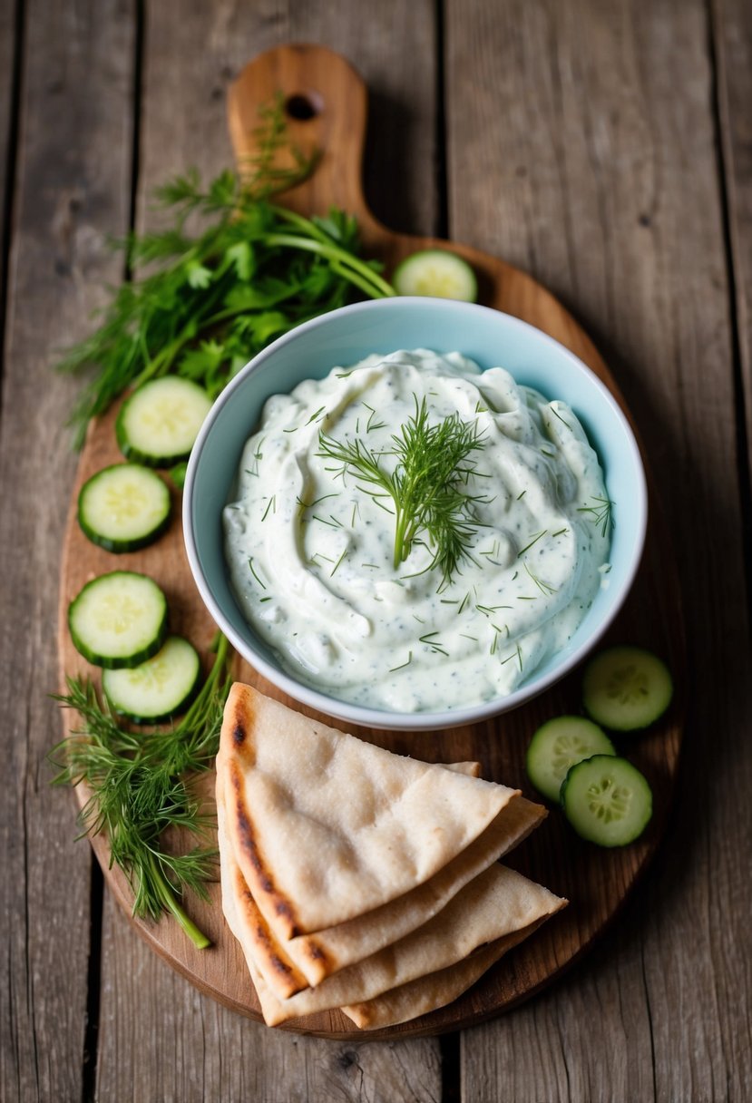 A rustic wooden table topped with a bowl of creamy vegan tzatziki surrounded by freshly chopped cucumbers, dill, and a stack of warm pita bread