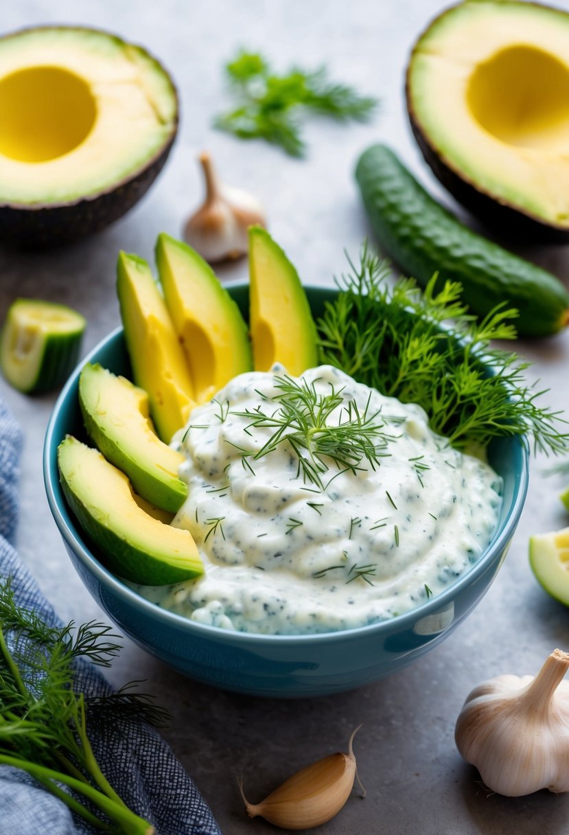 A bowl of creamy tzatziki with chunks of ripe avocado, surrounded by fresh dill, cucumbers, and garlic cloves