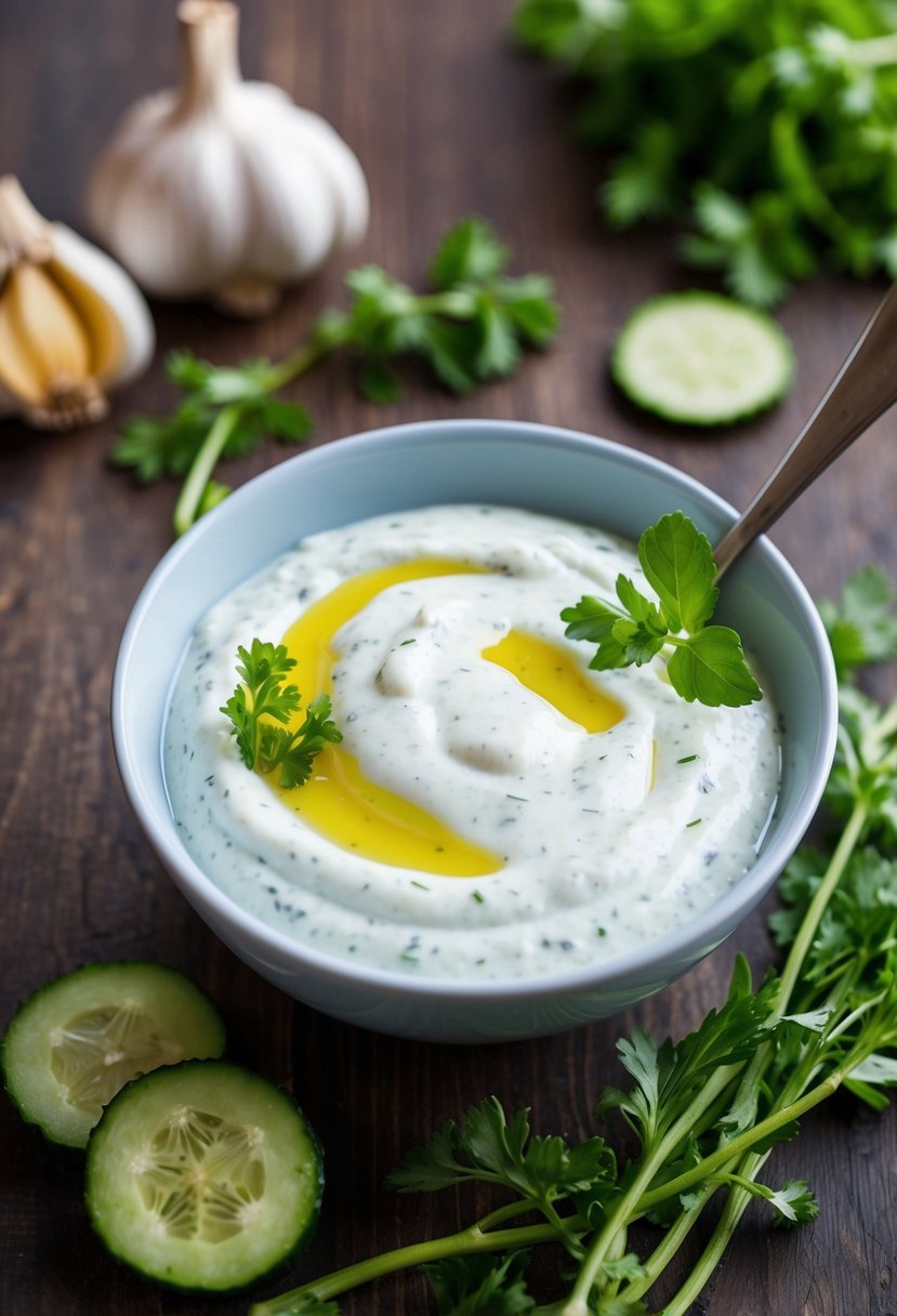 A bowl of creamy tzatziki sauce with roasted garlic, surrounded by fresh herbs and cucumber slices