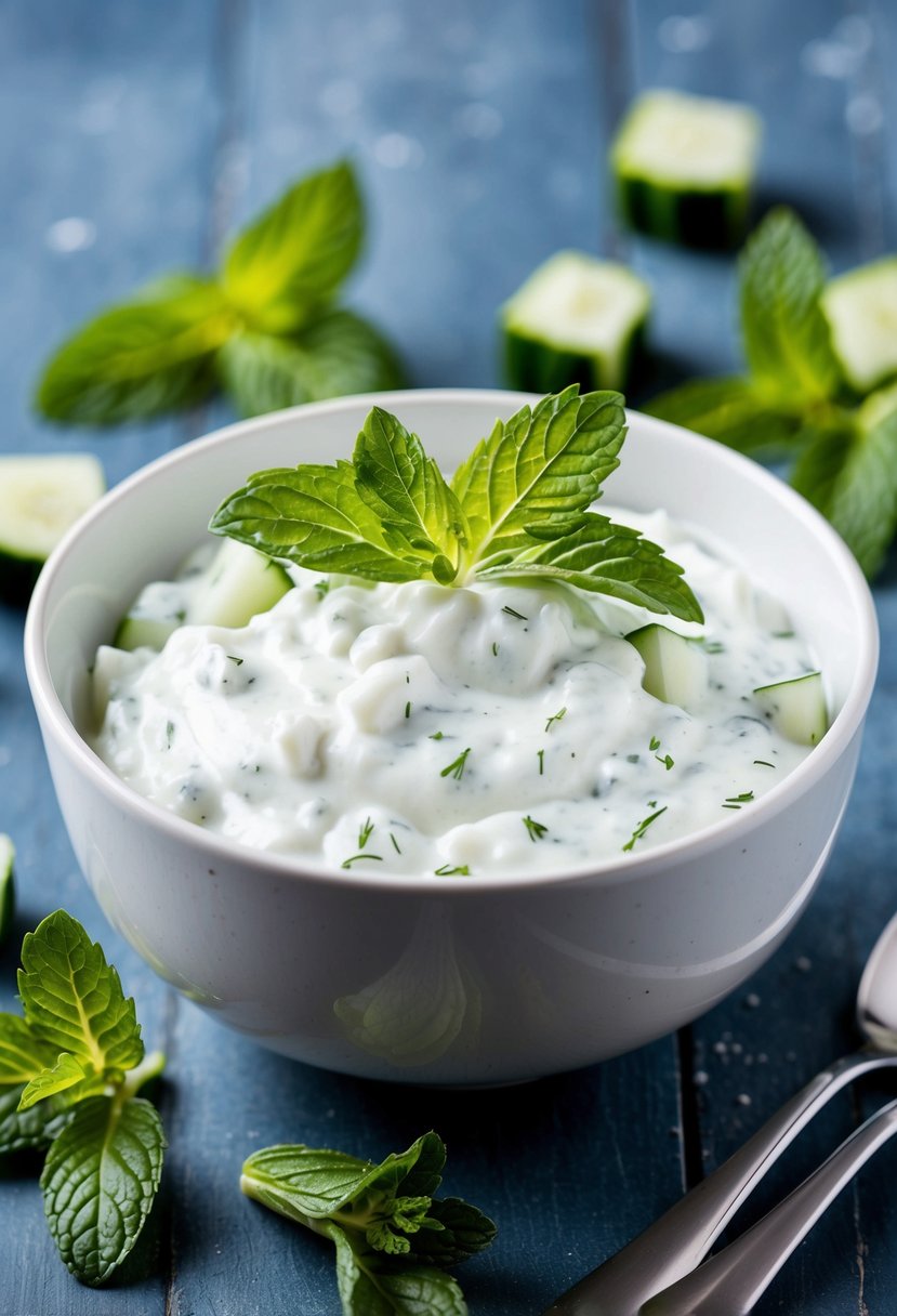 A bowl of creamy tzatziki with diced cucumber and fresh mint leaves scattered around it