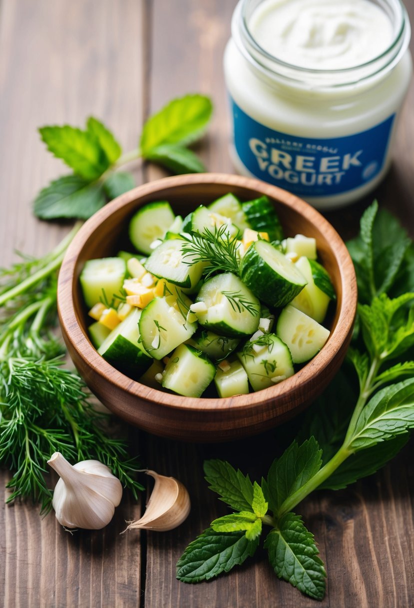 A wooden bowl filled with diced cucumbers, garlic, and herbs, surrounded by fresh dill and mint leaves, next to a jar of Greek yogurt