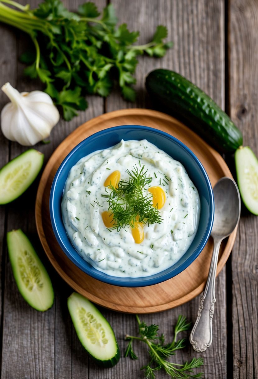 A rustic wooden table with a bowl of creamy tzatziki surrounded by fresh cucumbers, garlic, and herbs