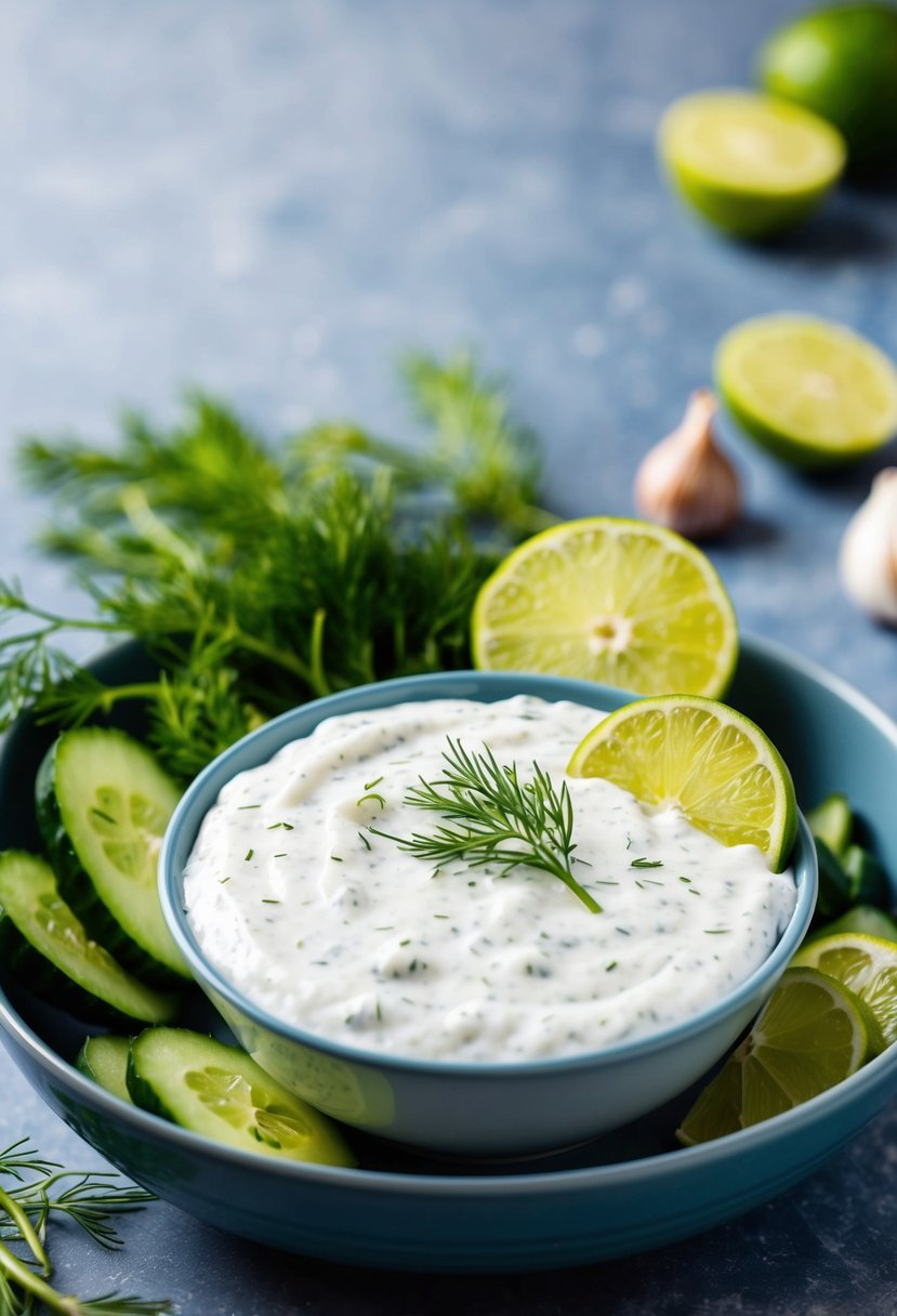 A bowl of tzatziki with a lime twist, surrounded by fresh cucumber, dill, and garlic