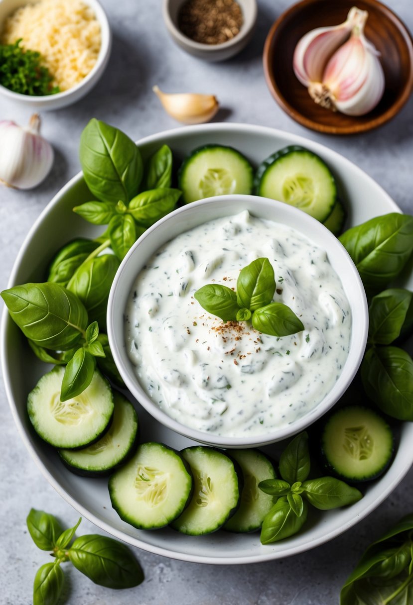 A bowl of creamy tzatziki surrounded by fresh basil, cucumbers, and garlic, with a hint of savory spices