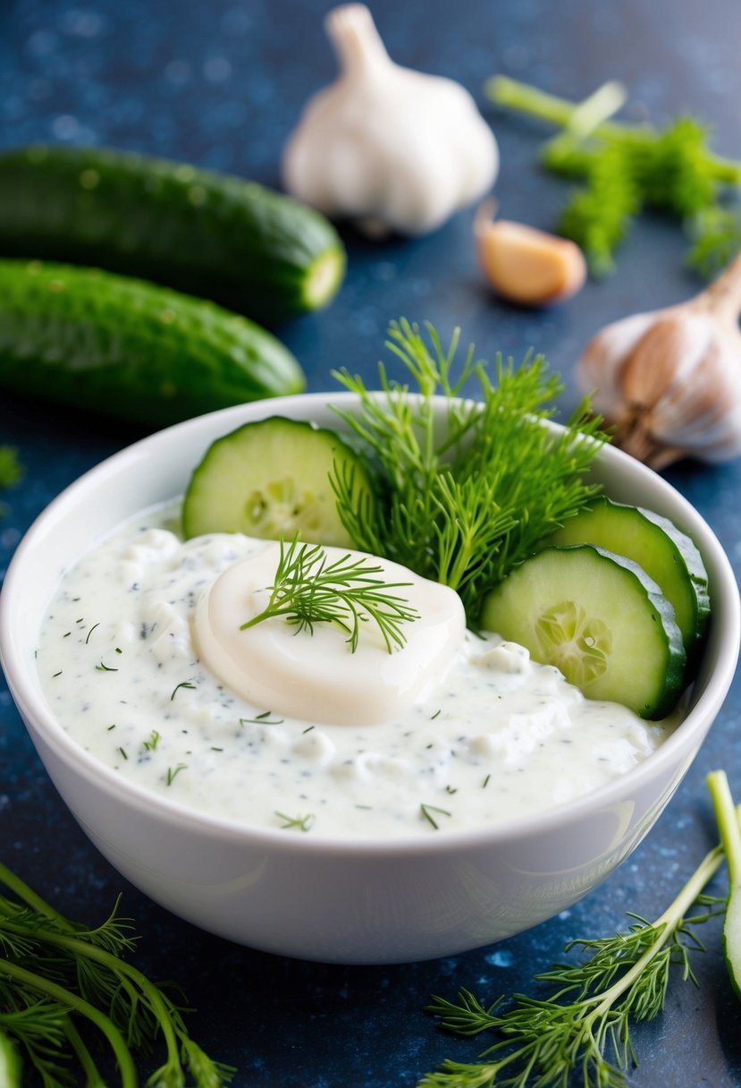 A bowl of extra creamy tzatziki surrounded by fresh cucumber, dill, and garlic, with a dollop of yogurt on top