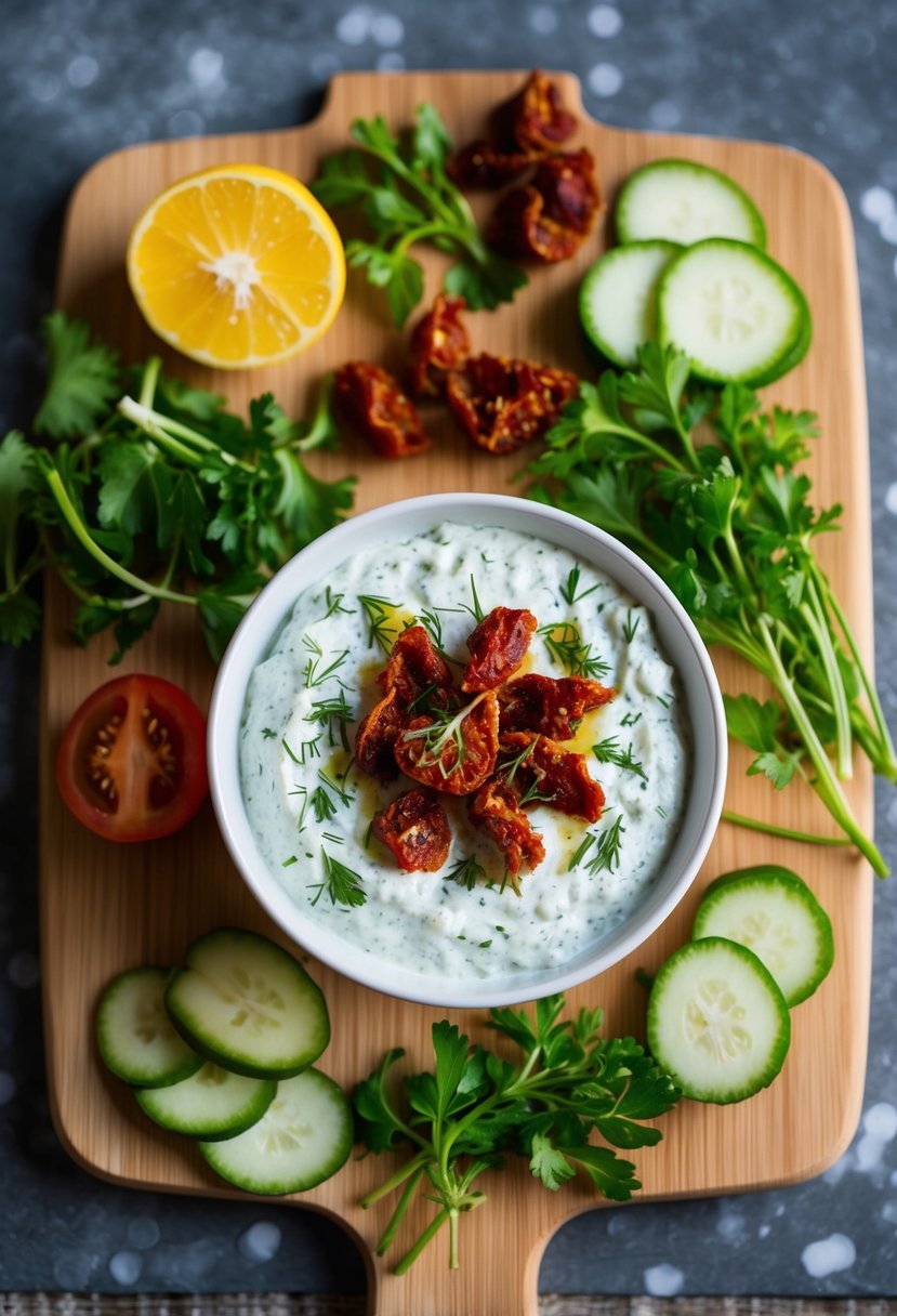 A bowl of sun-dried tomato tzatziki surrounded by fresh herbs and sliced vegetables on a wooden cutting board