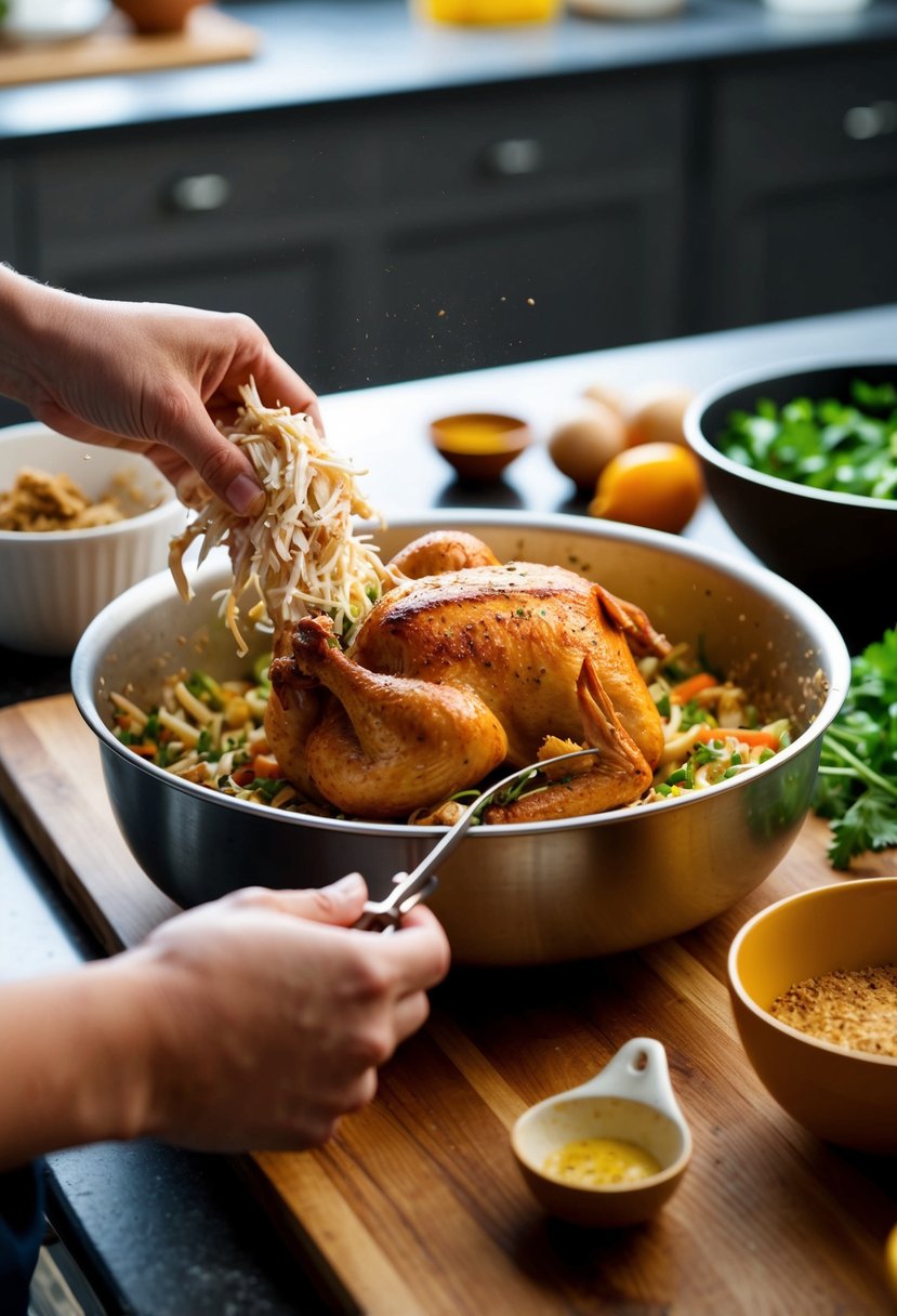 A rotisserie chicken being shredded and mixed with various ingredients to create different recipes