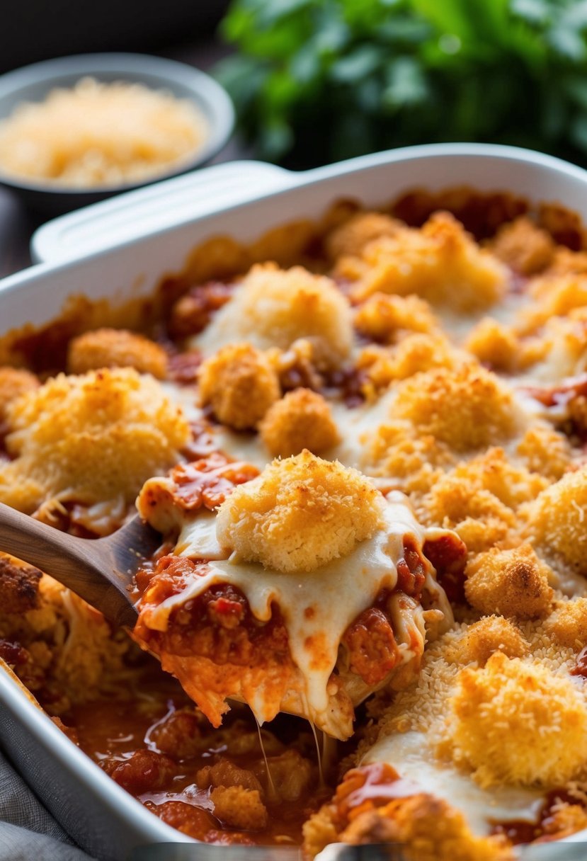 A bubbling casserole dish filled with layers of rotisserie chicken, marinara sauce, melted cheese, and golden-brown breadcrumbs