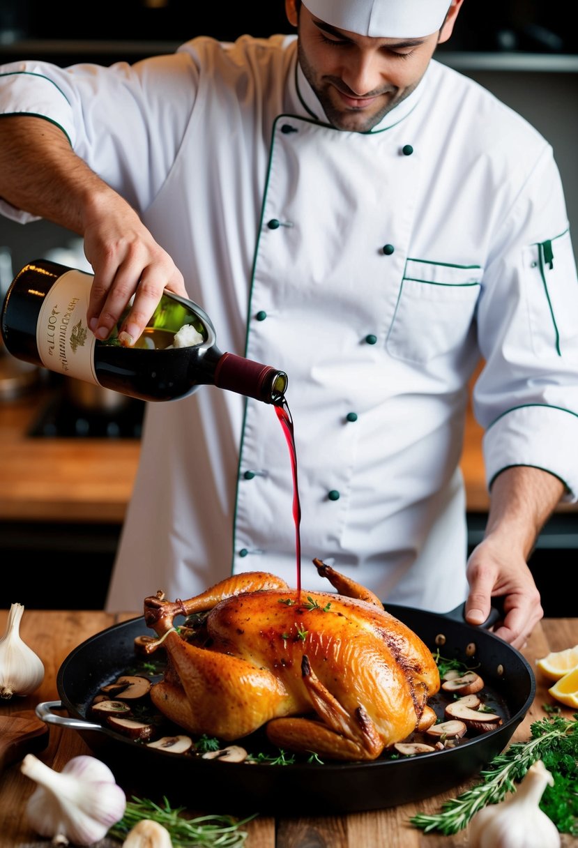 A chef pouring red wine over a rotisserie chicken surrounded by garlic, mushrooms, and fresh herbs in a skillet