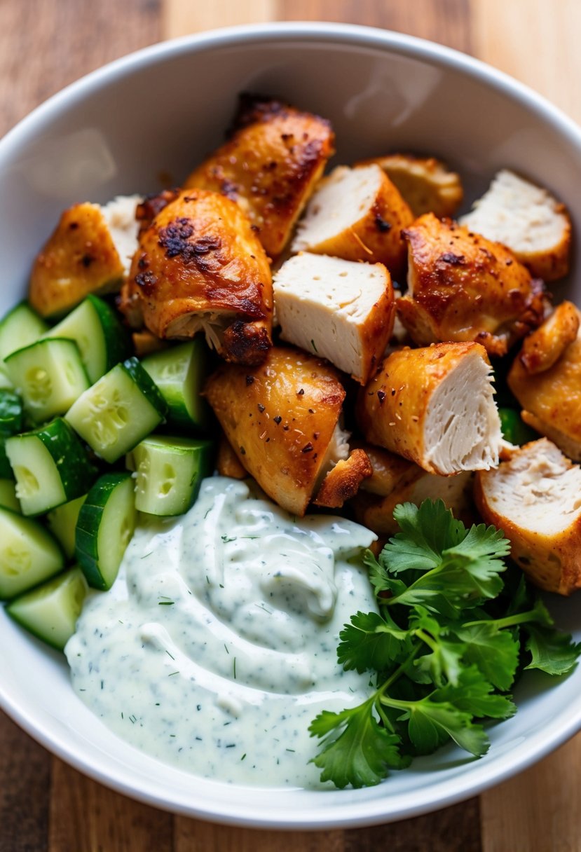 A bowl filled with high-protein ingredients: chunks of rotisserie chicken, diced cucumbers, and a dollop of creamy tzatziki sauce, all arranged in an appetizing display