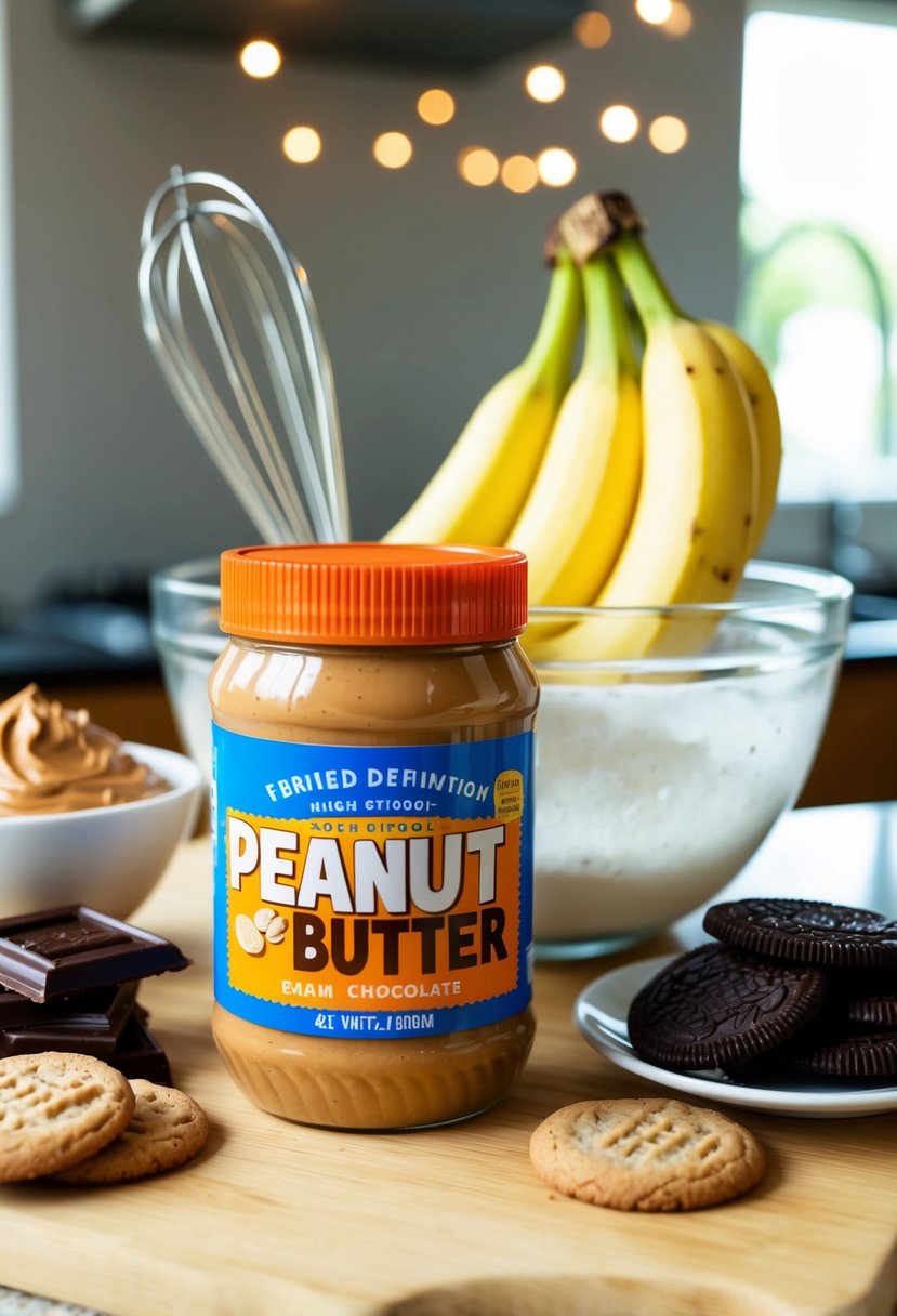 A jar of peanut butter surrounded by ingredients like chocolate, bananas, and cookies, with a mixing bowl and a whisk on a kitchen counter