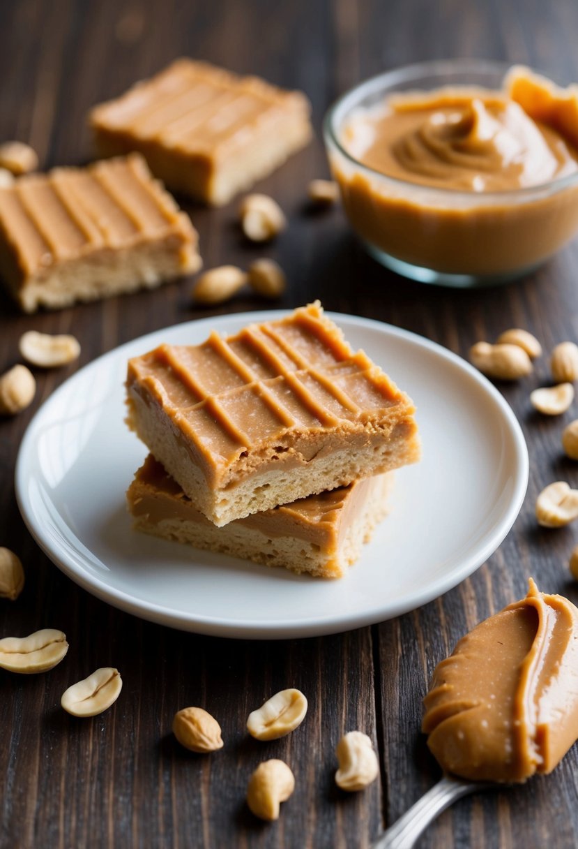 A plate of soft and chewy peanut butter bars sits on a wooden table, surrounded by scattered peanuts and a dollop of creamy peanut butter