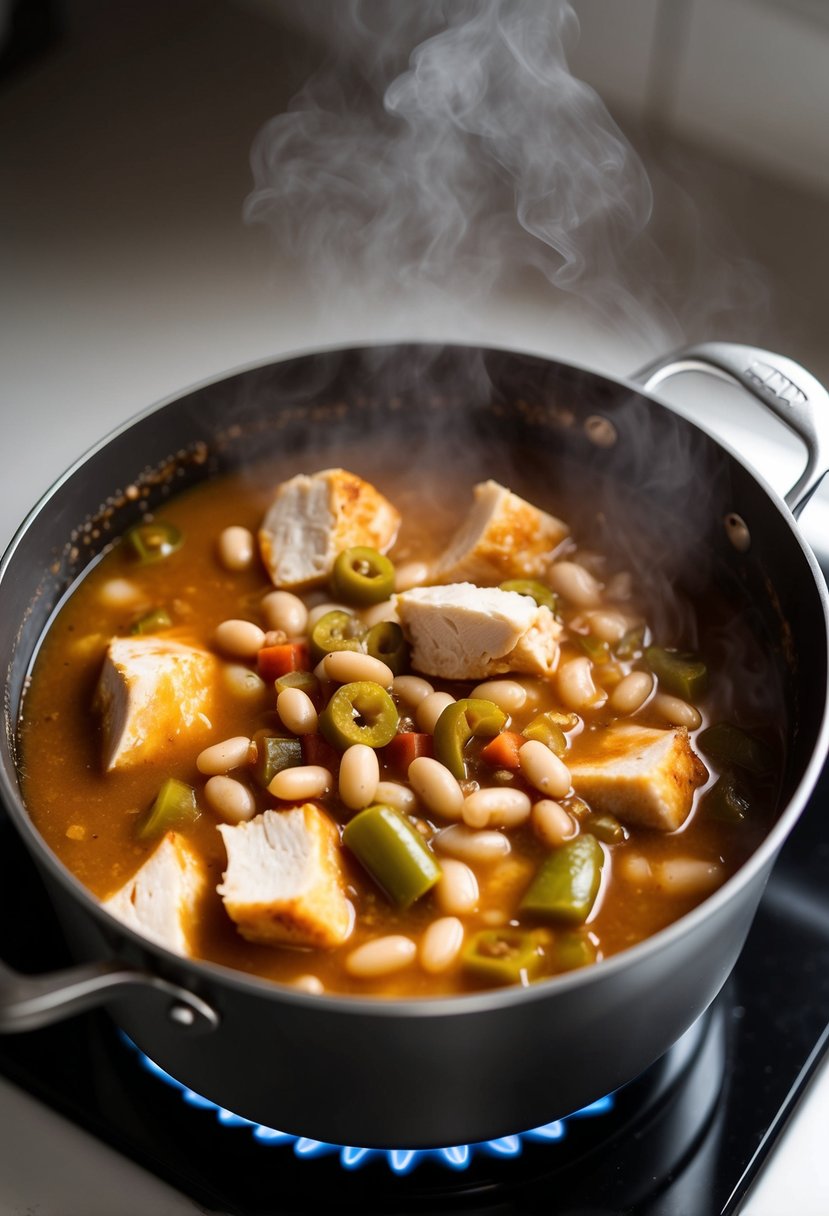 A steaming pot of white chicken chili simmering on the stove, filled with chunks of rotisserie chicken, white beans, and green chilies