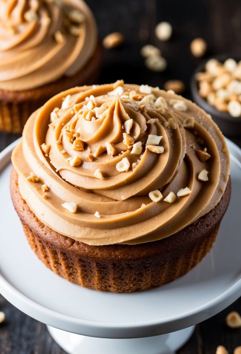 A decadent swirl of peanut butter icing topped with a generous sprinkle of chopped peanuts, sitting on a freshly baked dessert