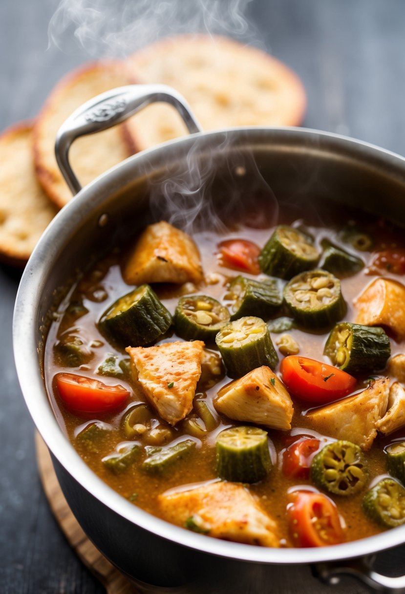 A steaming pot of chicken creole gumbo, filled with chunks of rotisserie chicken, tomatoes, okra, and aromatic spices