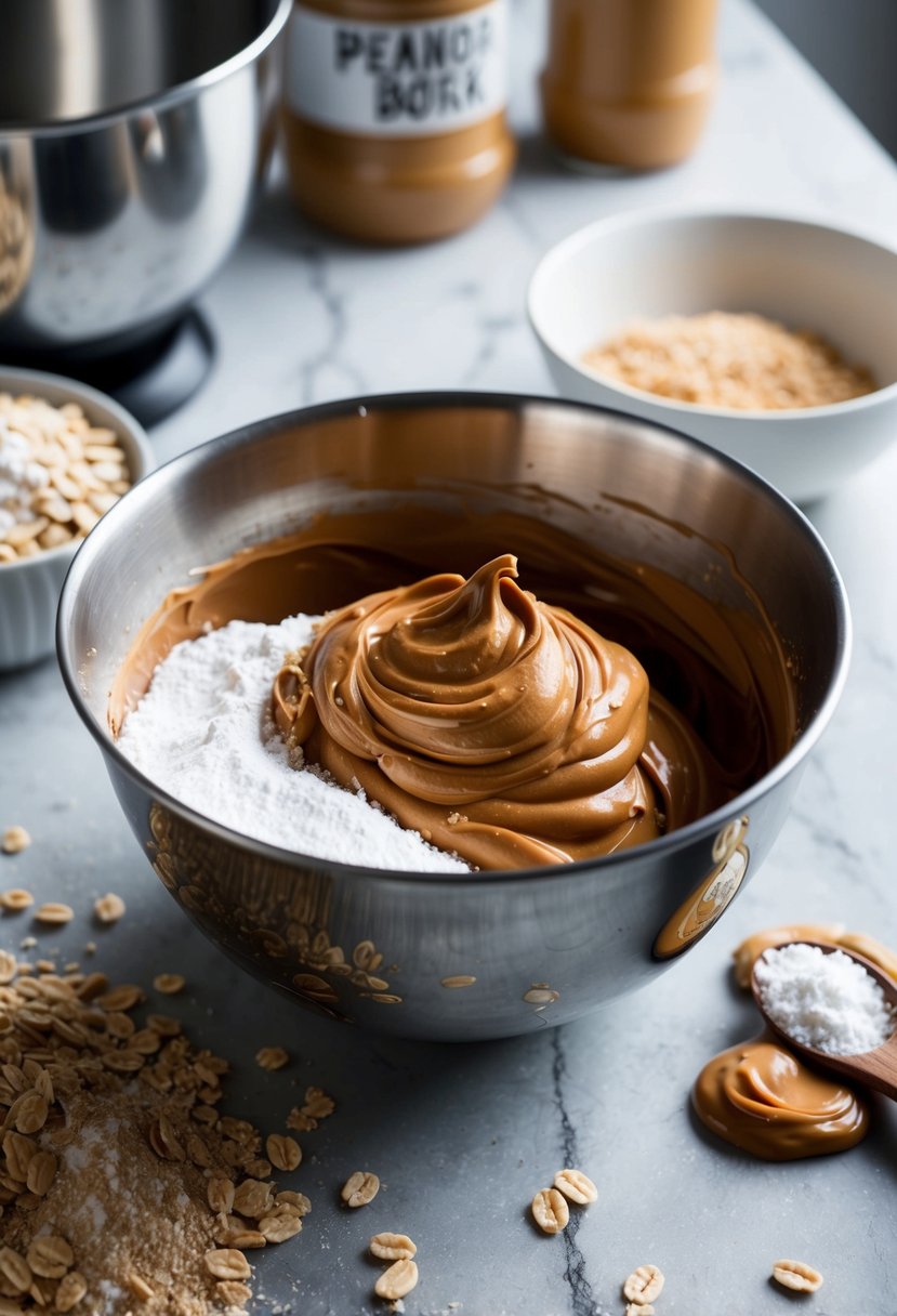 A kitchen counter with a mixing bowl filled with chocolate and peanut butter mixture, surrounded by ingredients like oats and powdered sugar