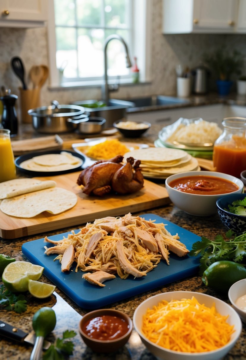 A kitchen counter with a cutting board, shredded rotisserie chicken, tortillas, sauce, and cheese, surrounded by various cooking utensils and ingredients