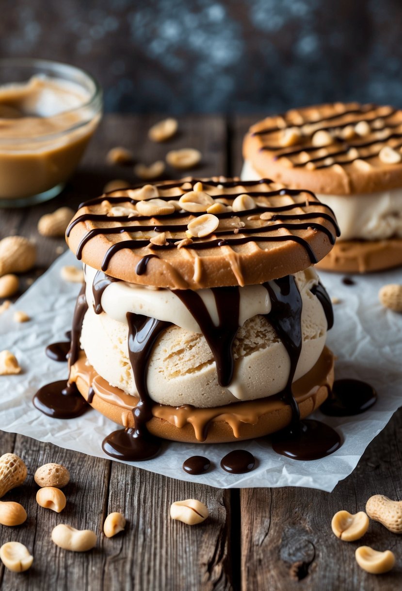 A massive peanut butter ice cream sandwich sits on a rustic wooden table, surrounded by scattered peanuts and drizzled with chocolate syrup