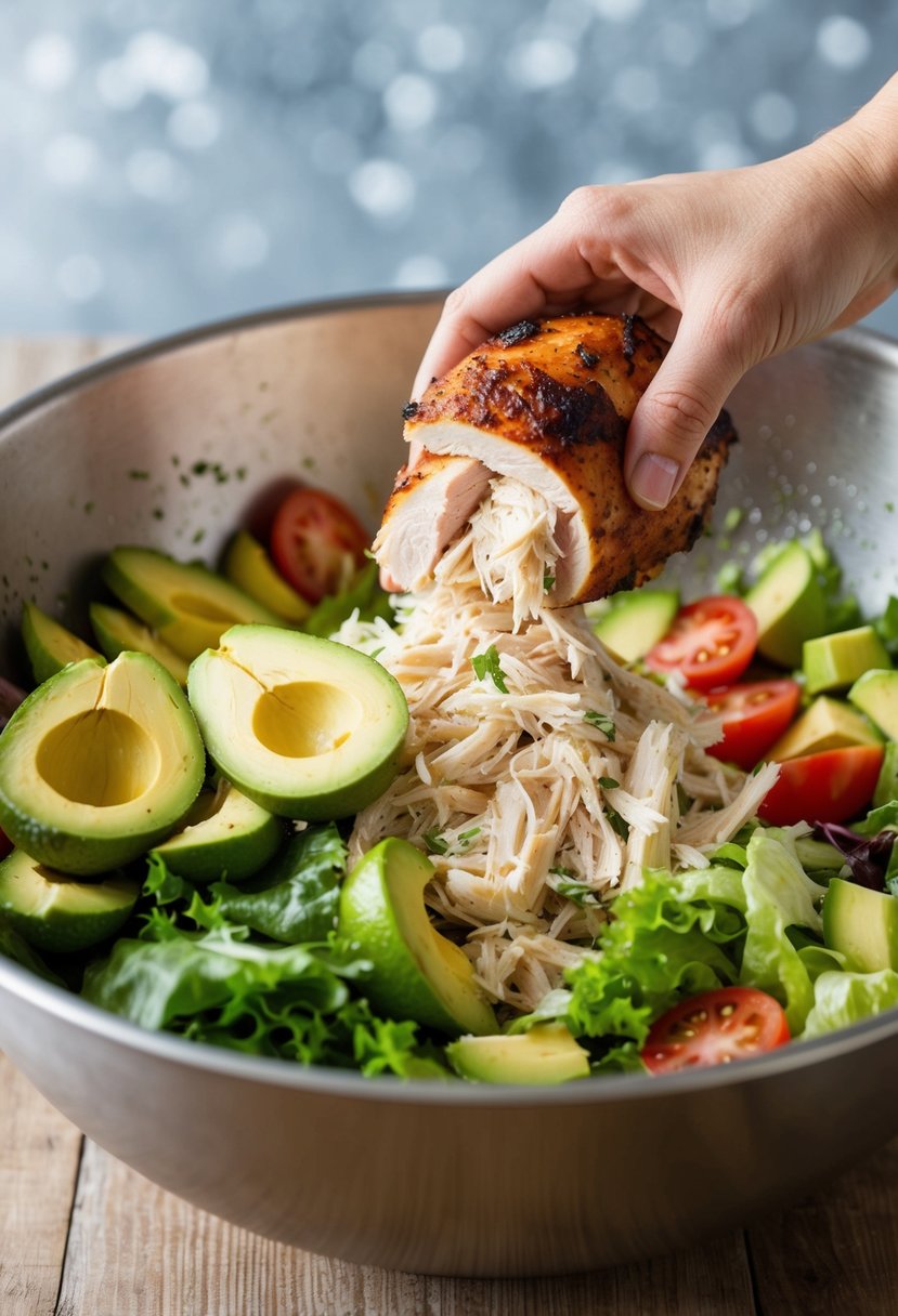 A rotisserie chicken being shredded and mixed with avocado, lettuce, tomatoes, and other salad ingredients in a large mixing bowl