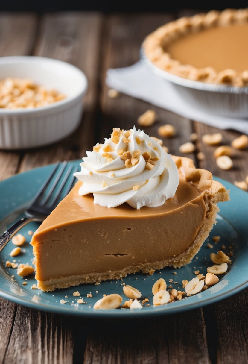 A decadent peanut butter cream pie sits on a rustic wooden table, topped with a generous dollop of whipped cream and a sprinkle of crushed peanuts